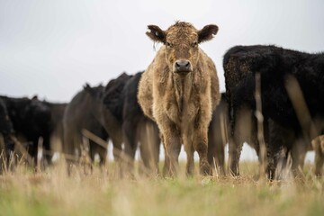 Stud Angus, wagyu, Murray grey, Dairy and beef Cows and Bulls grazing on grass and pasture in a...