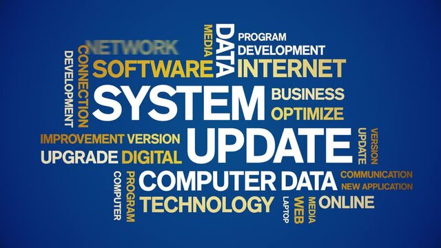 System Update animated tag word cloud;text design animation kinetic typography seamless loop.