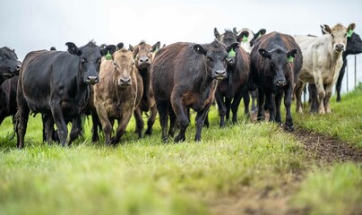 Stud Angus, wagyu, Murray grey, Dairy and beef Cows and Bulls grazing on grass and pasture in a...