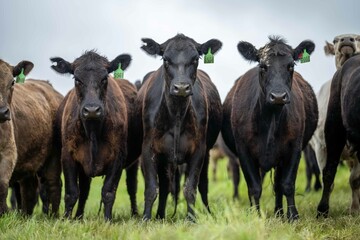 Stud Angus, wagyu, Murray grey, Dairy and beef Cows and Bulls grazing on grass and pasture in a...
