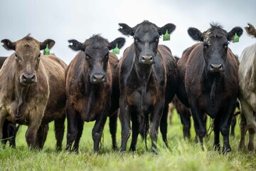 Stud Angus, wagyu, Murray grey, Dairy and beef Cows and Bulls grazing on grass and pasture in a...
