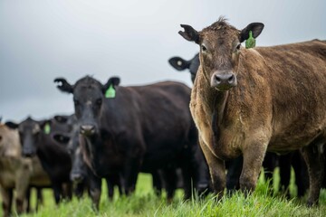 Stud Angus, wagyu, Murray grey, Dairy and beef Cows and Bulls grazing on grass and pasture in a...