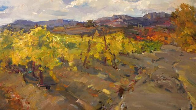 A painting by a professional impressionist artist, artwork. Oil on canvas. Painting, impressionism. Autumn landscape, yellow vineyards