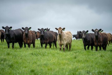 Stud Angus, wagyu, Murray grey, Dairy and beef Cows and Bulls grazing on grass and pasture in a...