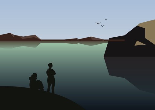 Vector illustration with a silhouette of the girl and the boy who stand on a cliff and watch on mountains and water