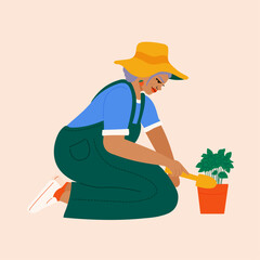 Illustration of senior woman with herb plant and scoop gardening