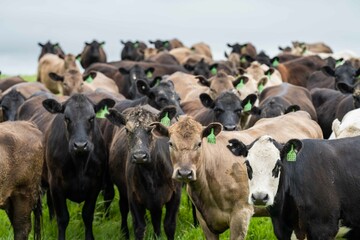 herd of Stud beef cows and bulls grazing on green grass in Australia, breeds include speckled park,...