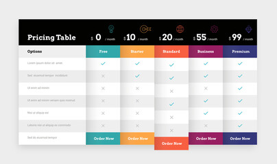 Comparison table. Business plan pricing grid and chart. Web banner of comparing prices and cost of services. Features checklist. Promotion infographic mockup. Vector product spreadsheet