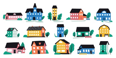 Abstract town buildings. Doodle city houses with tiny roofs, windows and small brick elements. Urban architecture. Residential construction. Cottage facades. Vector hand drawn outdoor set
