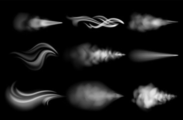 Realistic air blow. Wind flow and dust spray effect. Curve shapes of steam blast. Fog and smoke haze. White vapor or gas. Puff sprayer trails. Vector transparent fume templates set