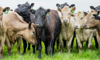 herd of Stud beef cows and bulls grazing on green grass in Australia, breeds include speckled park,...