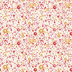 Christmas seamless pattern: stars, confetti, sparkles. Christmas texture in red and gold color. Suitable for wrapping paper, fabric, prints, cards, wallpaper, and more.