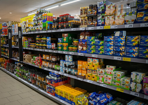 Die Tee und Kaffee Abteilung in einem Supermarkt mit Produkten. 