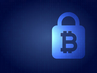  3d illustration crypto currency bitcoin lock background. security and bank