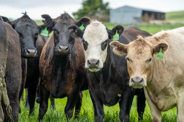 herd of Stud beef cows and bulls grazing on green grass in Australia, breeds include speckled park,...