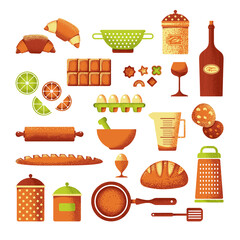Set of food icons, bakery, kitchen equipment, utensil. Isolated objects on white background. A set of items on the theme of cooking. Cartoon illustration about food and cooking.