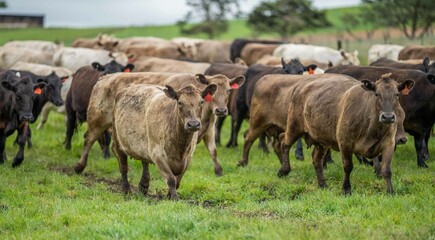 herd of Stud beef cows and bulls grazing on green grass in Australia, breeds include speckled park,...