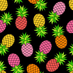 Colorful pineapple seamless pattern on black background.