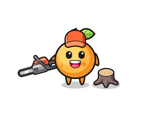 orange fruit lumberjack character holding a chainsaw