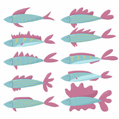  Hand-drawn set of fish. Cartoon baby fish. Set of fish for children posters.