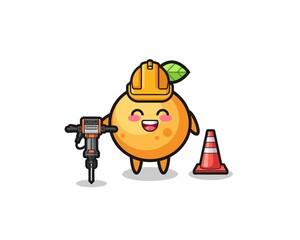 Obraz na płótnie Canvas road worker mascot of orange fruit holding drill machine