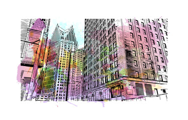 Building view with landmark of  Detroit City is the city of United States.Watercolor splash with Hand drawn sketch illustration in vector.