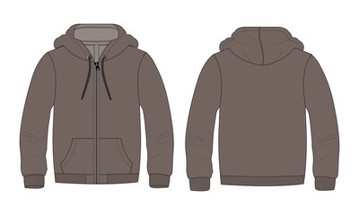 Long sleeve hoodie with Zipper technical fashion Drawing sketch template front and back view. apparel dress design vector illustration Khaki color mock up jacket CAD. Easy edit and customizable.
