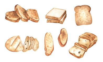 Set of slices bread. Isolated on a white background. Watercolor illustration.
