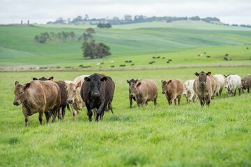 herd of Stud beef cows and bulls grazing on green grass in Australia, breeds include speckled park,...