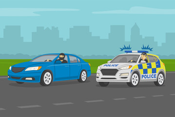 Driving a car. Angry european traffic police officer chasing criminal in a car on the highway. Traffic speed control. Flat vector illustration template.