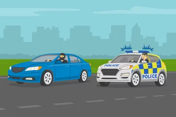 Foto op Plexiglas Driving a car. Angry european traffic police officer chasing criminal in a car on the highway. Traffic speed control. Flat vector illustration template. © flatvectors