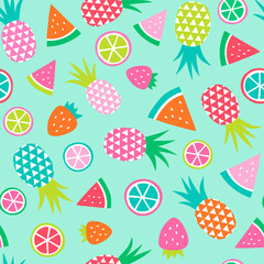 Colorful hand drawn tropical fruit seamless pattern background.