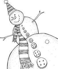 Cheerful snowman. Winter, snow, sled, carrot. Merry Christmas, Happy New Year. Black and white adult coloring book page. 