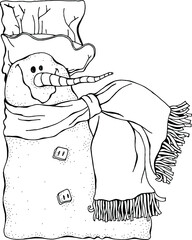 Cheerful snowman. Winter, snow, sled, carrot. Merry Christmas, Happy New Year. Black and white adult coloring book page. 