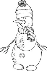Cheerful snowman. Winter, snow, sled, carrot. Merry Christmas, Happy New Year. Black and white adult coloring book page. 