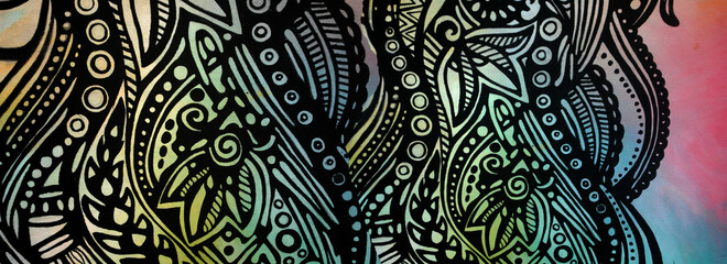 Hand drawn painting abstract art panorama background colors texture design illustration..