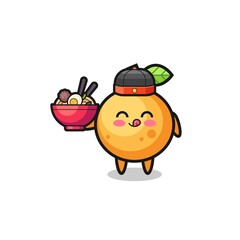 orange fruit as Chinese chef mascot holding a noodle bowl