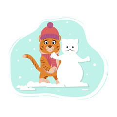 A tiger in a hat and scarf makes a snowman in winter