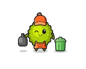 the mascot of cute durian as garbage collector