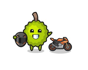 cute durian cartoon as a motorcycle racer