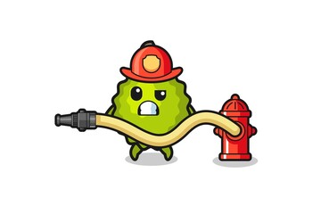 durian cartoon as firefighter mascot with water hose