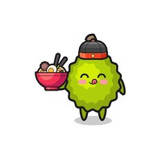 durian as Chinese chef mascot holding a noodle bowl