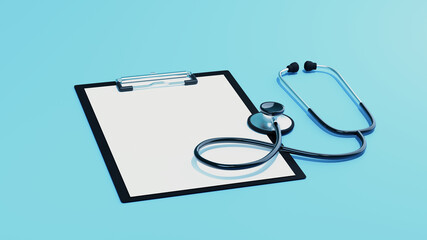 聴診器とクリップボードバインダー　青背景　医療　3DCG