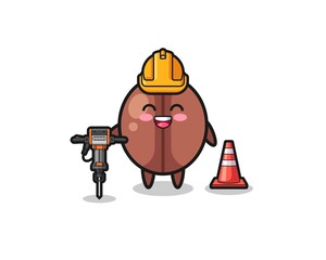 road worker mascot of coffee bean holding drill machine