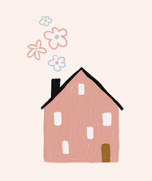 Abstract Vector Art with Funny Hand Drawn House with FLoral Smoke Isolated on a Light Beige Background. Lovely Nursery Art ideal for Wall Art, Card, Kids Room Decoration. Sweet Home Print.