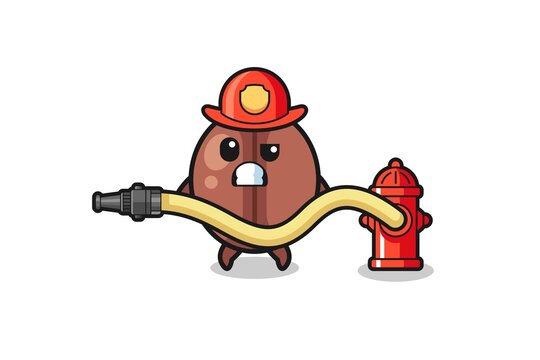 coffee bean cartoon as firefighter mascot with water hose