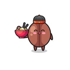coffee bean as Chinese chef mascot holding a noodle bowl