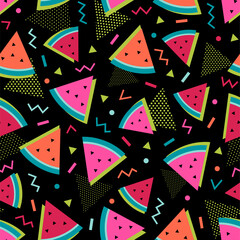 Cute watermelon and geometric seamless pattern background in Memphis style.