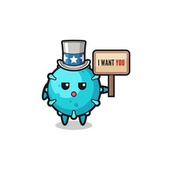 virus cartoon as uncle Sam holding the banner I want you