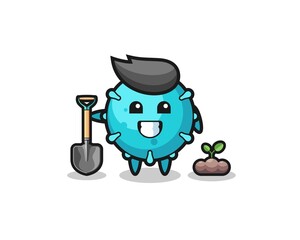 cute virus cartoon is planting a tree seed